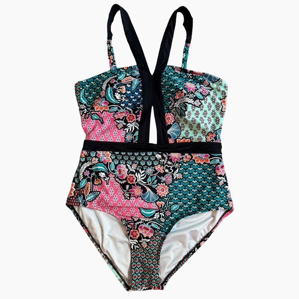 Laundry by Design One Piece Halter Swimsuit Size Large Tropical Print Open Back